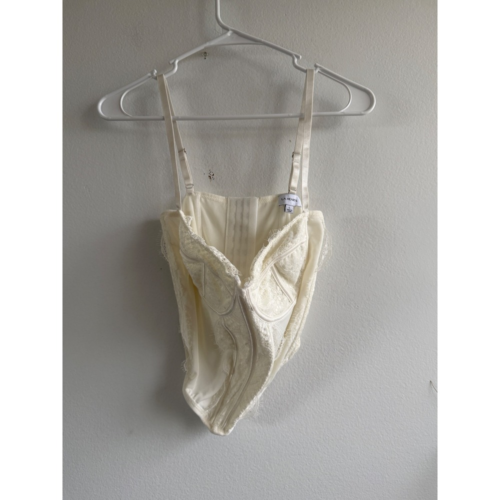 LA Hearts PacSun White Lace Corset Bodysuit Hook Eye Adjustable Straps Large NEW